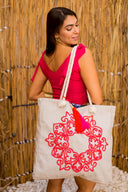 Blooming Beauty: Hand-Beaded Fuchsia & Orange Flower of Life Tote