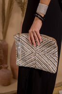 "Pearls & Shine: Hand-sequined silver Clutch"