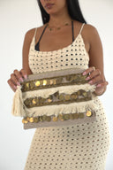 Hand-Beaded with Copper Coins Linen Clutch