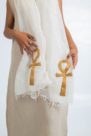 Hand- Embroidered Key of Life Linen Scarf