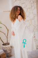 Hand- Embroidered Key of Life Linen Scarf