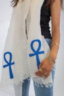 Hand- Embroidered Key of Life Linen Scarf