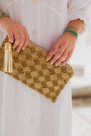 Gold Beaded Linen Clutch