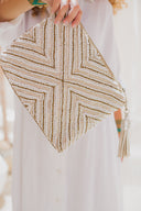 "Pearls & Shine: Hand-sequined silver Clutch"
