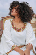 Exude Opulence in the Hand-Beaded Off-White Abaya with Matching Belt in white