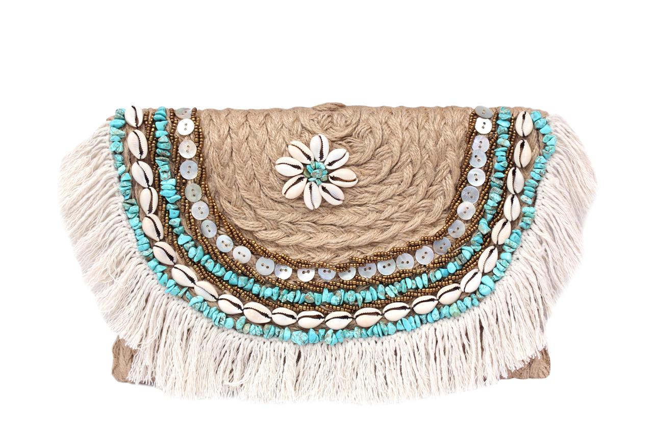 Coastal Charm: Hand-weaved Fairouz Stone, Shell and Tassel Envelope Cl ...