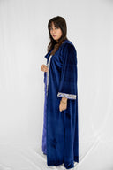 "The Hand-Beaded Crown Velvet Kaftan" in Navy Blue