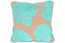 Hand-Embroidered Beach House Shells Cushion in Turquoise