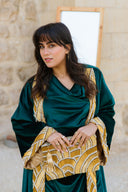 "The Hand-Beaded Crown Velvet Kaftan" in Olive Green