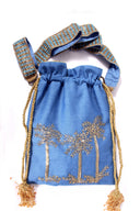 Gilded Palm Dreams in Denim - Drawstring Bag