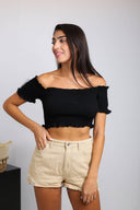 "Breezy Beach Beauty: Off-Shoulder Stretchy Crop Top"