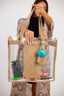 Resin Radiance: Transparent Burlap Shoulder Bag with Shell Accent