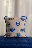 "Elevate Your Comfort: Hand Weaved KAF & Eyes Cushion in blue"